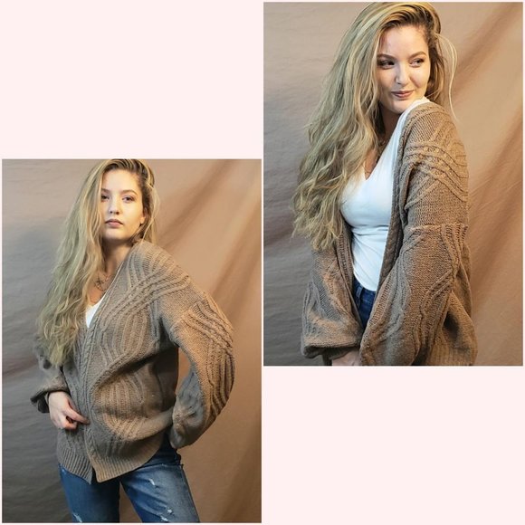 Oversized Balloon Sleeve Cable Knit Cardigan - Picture 2 of 3